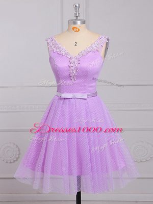 Lilac A-line V-neck Sleeveless Lace Mini Length Lace Up Appliques and Belt Dama Dress for Quinceanera