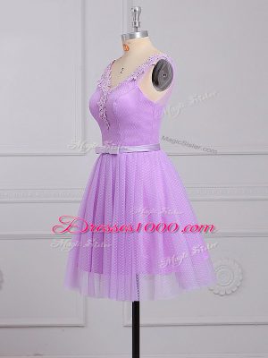 Lilac A-line V-neck Sleeveless Lace Mini Length Lace Up Appliques and Belt Dama Dress for Quinceanera