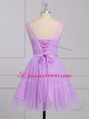 Lilac A-line V-neck Sleeveless Lace Mini Length Lace Up Appliques and Belt Dama Dress for Quinceanera