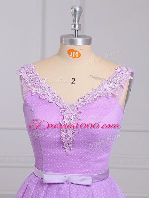 Lilac A-line V-neck Sleeveless Lace Mini Length Lace Up Appliques and Belt Dama Dress for Quinceanera