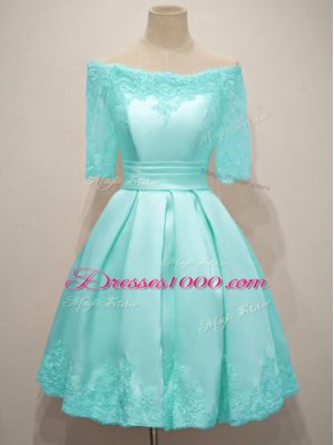 Aqua Blue Half Sleeves Knee Length Lace Lace Up Bridesmaids Dress