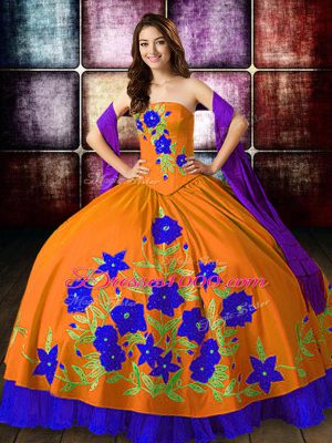 Fine Sleeveless Floor Length Embroidery Lace Up Quinceanera Dresses with Orange Red
