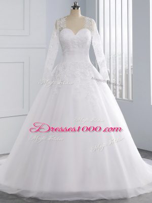 White Lace Up Bridal Gown Appliques Sleeveless Court Train