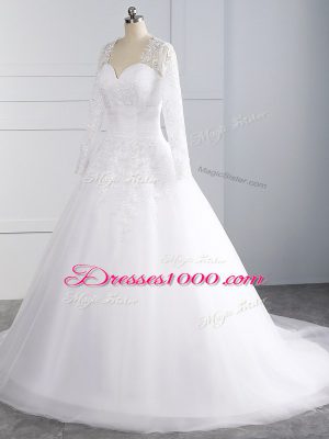 White Lace Up Bridal Gown Appliques Sleeveless Court Train