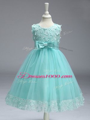 Sleeveless Zipper Knee Length Lace and Bowknot Little Girl Pageant Gowns