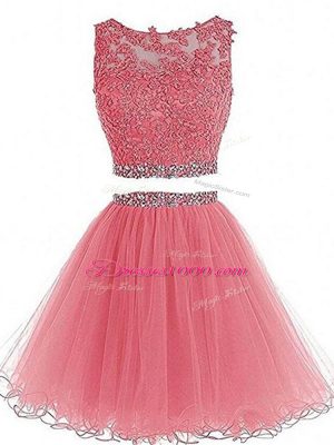 Pink Tulle Zipper Scoop Sleeveless Mini Length Homecoming Dress Beading and Lace and Appliques