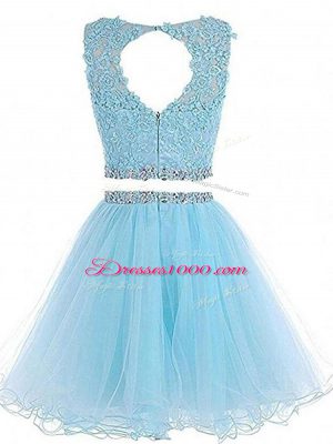 Pink Tulle Zipper Scoop Sleeveless Mini Length Homecoming Dress Beading and Lace and Appliques