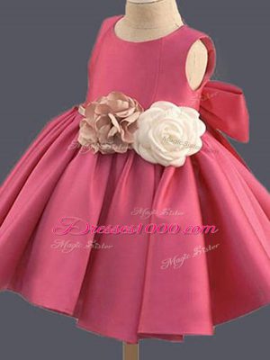 Cute Mini Length Clasp Handle Flower Girl Dresses Hot Pink for Wedding Party with Bowknot and Hand Made Flower