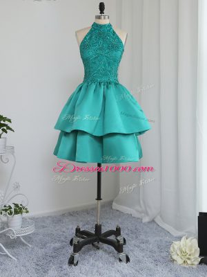 Extravagant Turquoise High-neck Neckline Lace and Appliques Sleeveless Zipper