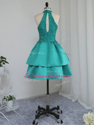 Extravagant Turquoise High-neck Neckline Lace and Appliques Sleeveless Zipper