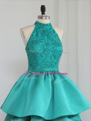 Extravagant Turquoise High-neck Neckline Lace and Appliques Sleeveless Zipper