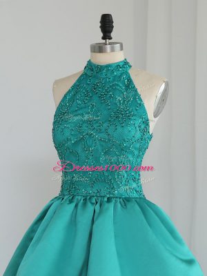 Extravagant Turquoise High-neck Neckline Lace and Appliques Sleeveless Zipper