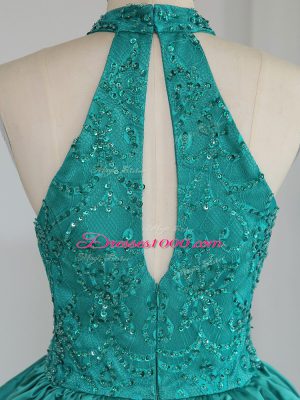 Extravagant Turquoise High-neck Neckline Lace and Appliques Sleeveless Zipper