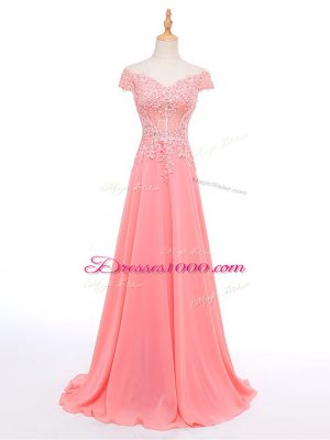 Designer Chiffon Short Sleeves Floor Length Prom Party Dress and Lace and Appliques