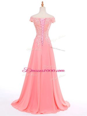 Designer Chiffon Short Sleeves Floor Length Prom Party Dress and Lace and Appliques