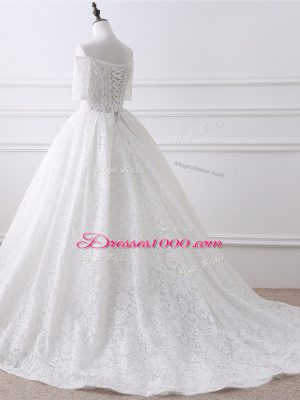 White Organza and Lace Lace Up Wedding Dresses Half Sleeves Brush Train Lace and Appliques