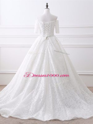 White Organza and Lace Lace Up Wedding Dresses Half Sleeves Brush Train Lace and Appliques