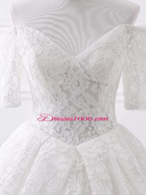 White Organza and Lace Lace Up Wedding Dresses Half Sleeves Brush Train Lace and Appliques