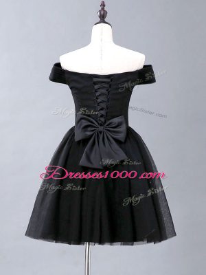 Glamorous Mini Length Black Prom Dresses Tulle Sleeveless Ruching