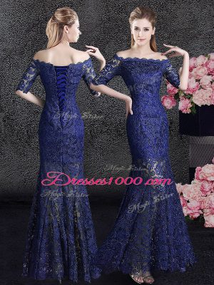 Delicate Mermaid Navy Blue Lace Lace Up Off The Shoulder Half Sleeves Floor Length Mother of Groom Dress Lace