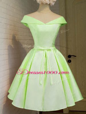 Sophisticated Yellow Green Taffeta Lace Up Wedding Guest Dresses Cap Sleeves Knee Length Belt