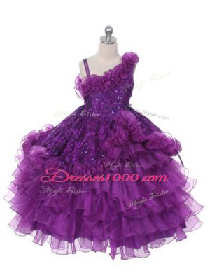 High Class Purple Ball Gowns Lace and Ruffles and Ruffled Layers Little Girl Pageant Gowns Lace Up Organza Sleeveless Floor Length