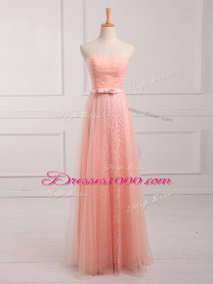 Peach Empire Sweetheart Sleeveless Tulle and Lace Floor Length Lace Up Belt Wedding Guest Dresses