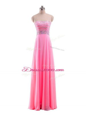 Latest Sleeveless Chiffon Floor Length Zipper Prom Party Dress in Rose Pink with Beading