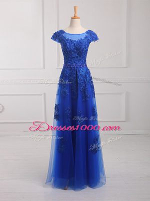 Super Floor Length Royal Blue Prom Gown Scoop Short Sleeves Lace Up