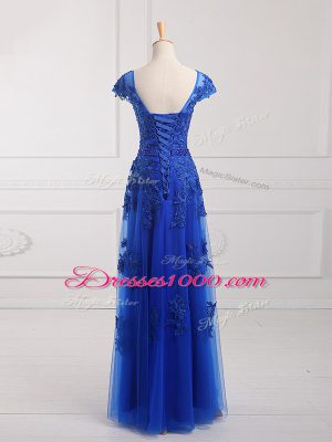 Super Floor Length Royal Blue Prom Gown Scoop Short Sleeves Lace Up