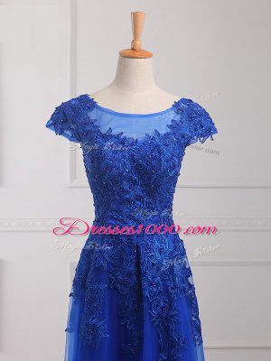 Super Floor Length Royal Blue Prom Gown Scoop Short Sleeves Lace Up