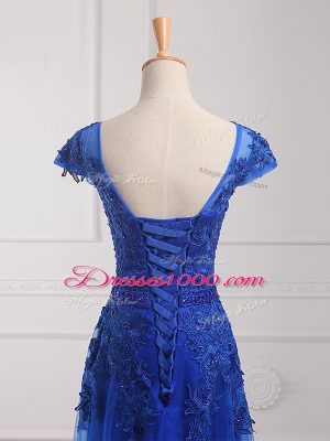 Super Floor Length Royal Blue Prom Gown Scoop Short Sleeves Lace Up