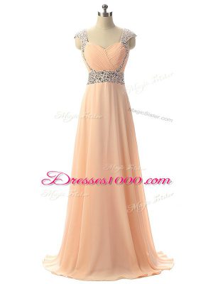 Top Selling Peach Chiffon Lace Up Prom Dress Cap Sleeves Floor Length Beading