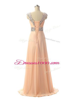 Top Selling Peach Chiffon Lace Up Prom Dress Cap Sleeves Floor Length Beading