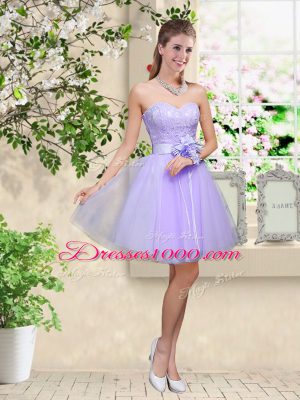 Fitting Knee Length A-line Sleeveless Lilac Bridesmaid Gown Lace Up