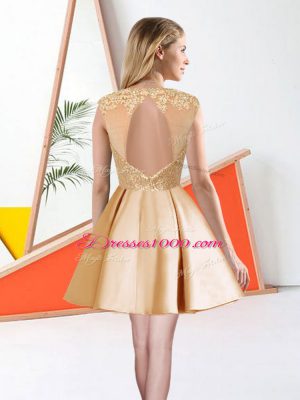 Custom Design Champagne Sleeveless Knee Length Beading and Lace Backless Bridesmaid Gown