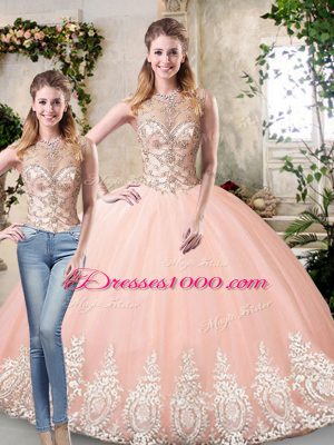 Scoop Sleeveless Quinceanera Gown Floor Length Beading and Lace and Appliques Peach Tulle