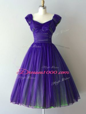 Purple A-line V-neck Cap Sleeves Chiffon Knee Length Lace Up Ruching Quinceanera Court Dresses