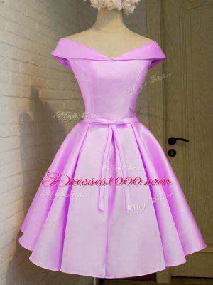 Knee Length Lace Up Bridesmaids Dress Lilac for Prom and Party and Wedding Party with Belt