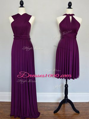 Fantastic Purple Lace Up Halter Top Ruching Bridesmaid Gown Chiffon Sleeveless
