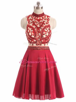 Red Backless Prom Gown Beading Sleeveless Mini Length