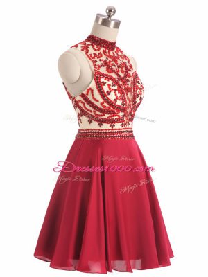 Red Backless Prom Gown Beading Sleeveless Mini Length