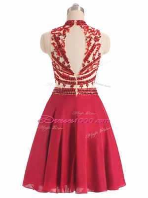 Red Backless Prom Gown Beading Sleeveless Mini Length