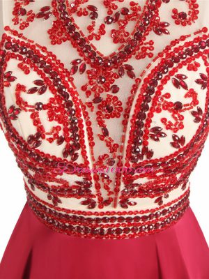 Red Backless Prom Gown Beading Sleeveless Mini Length