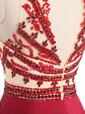 Red Backless Prom Gown Beading Sleeveless Mini Length
