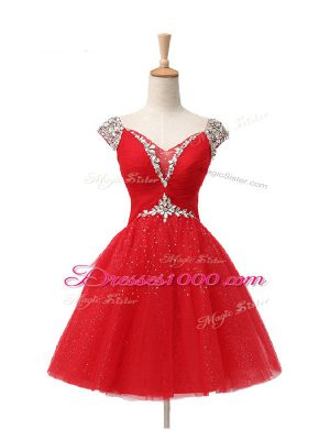 Amazing Red Lace Up V-neck Beading and Sequins Cocktail Dresses Tulle Cap Sleeves