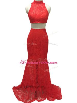 Two Pieces Sleeveless Red Dress for Prom Brush Train Zipper