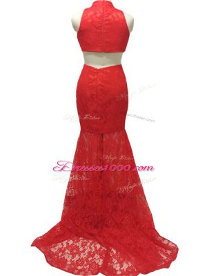 Two Pieces Sleeveless Red Dress for Prom Brush Train Zipper