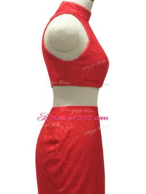 Two Pieces Sleeveless Red Dress for Prom Brush Train Zipper