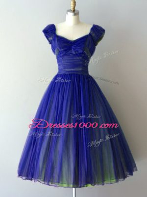 Cap Sleeves Knee Length Ruching Lace Up Dama Dress for Quinceanera with Royal Blue